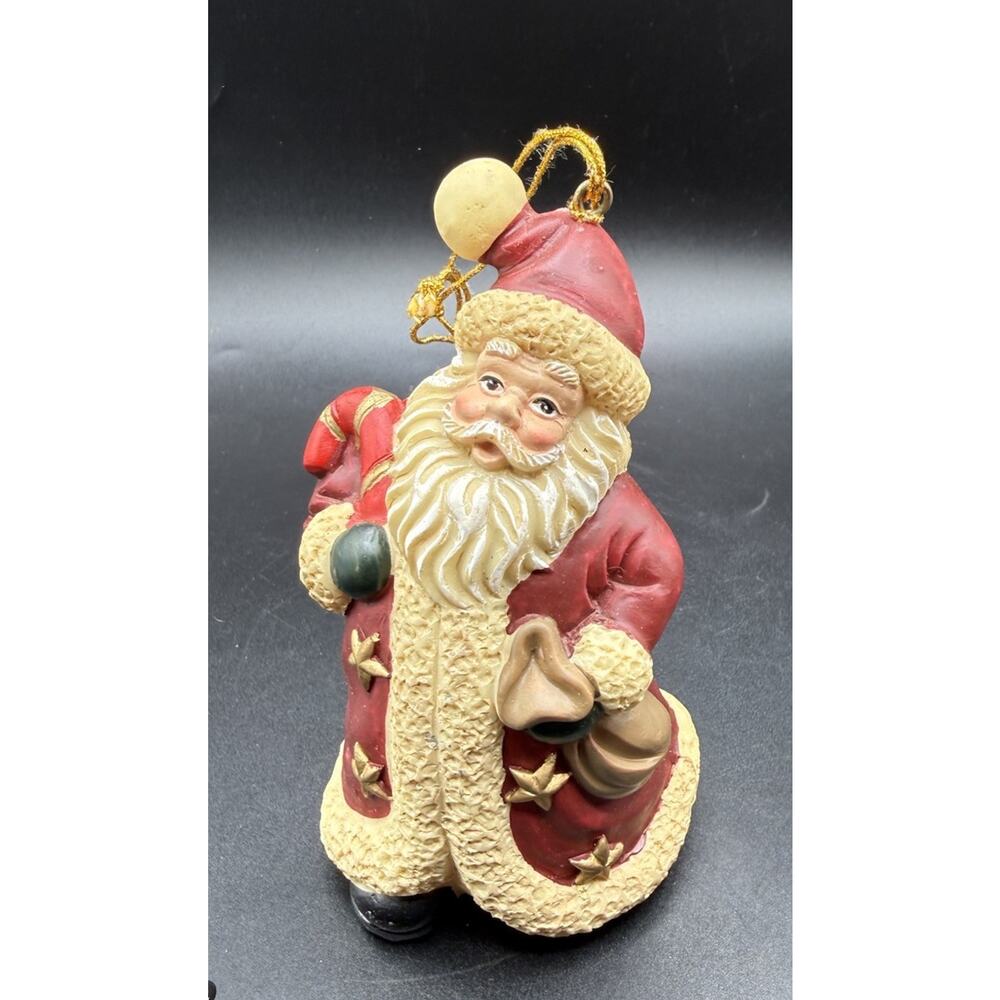 Vtg Russ Santa Ornament Candy Cane Presents Red Jacket w Golden Stars LO23